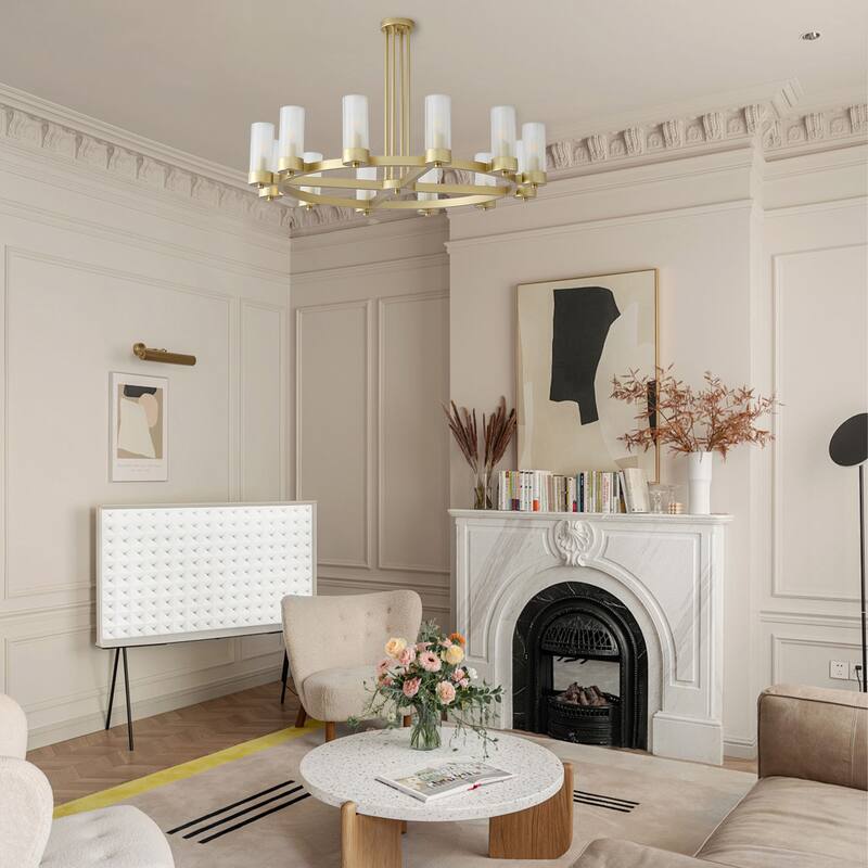 12 - Light Modern Round Chandelier with Frosted Glass Cylinder Shades