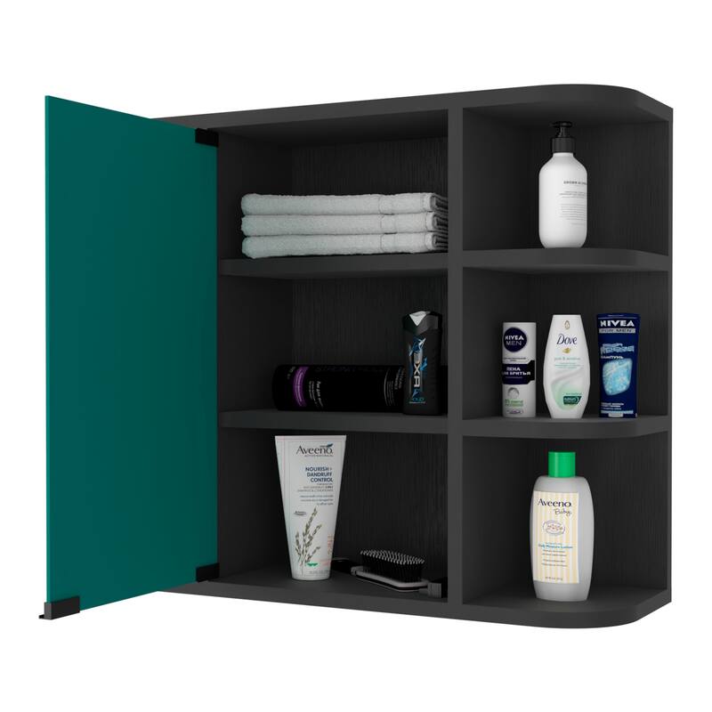 6-Shelf Medicine Cabinet with Mirror Panel Door, 3 Open Shelves on Each Side for Bathroom or Living Room Storage