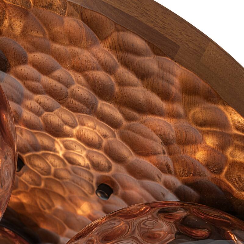 3-Light Rustic Wood Flush Mount Ceiling Light with Textured Amber Glass Shades - Dia.16.54-in