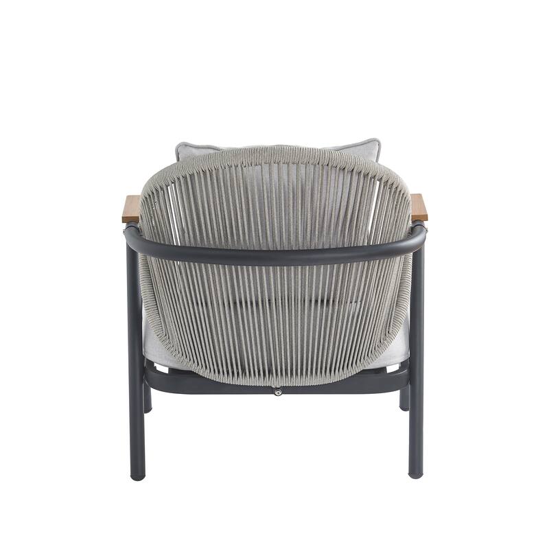 Roomfitters Orla Outdoor Rope Club Chairs with Plastic Wood Armrests and Cushions, Grey Finish