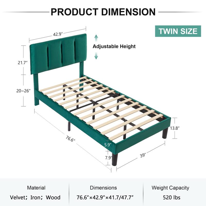 VECELO, Five Colors, 3-Pieces Tufted Upholstered Platform Bed Frame with Adjustable Height Headboard and Nightstands Set of 2