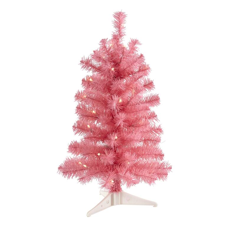 2' Pre-Lit Pink Artificial Christmas Tree, Warm Clear LED Lights - 2 Foot