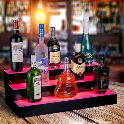 OnDisplay Luxe Acrylic LED Lighted Bar Stage Display - Expandable Glowing Liquor Bottle Shelf - For Bar or Man Cave (Black, 24")