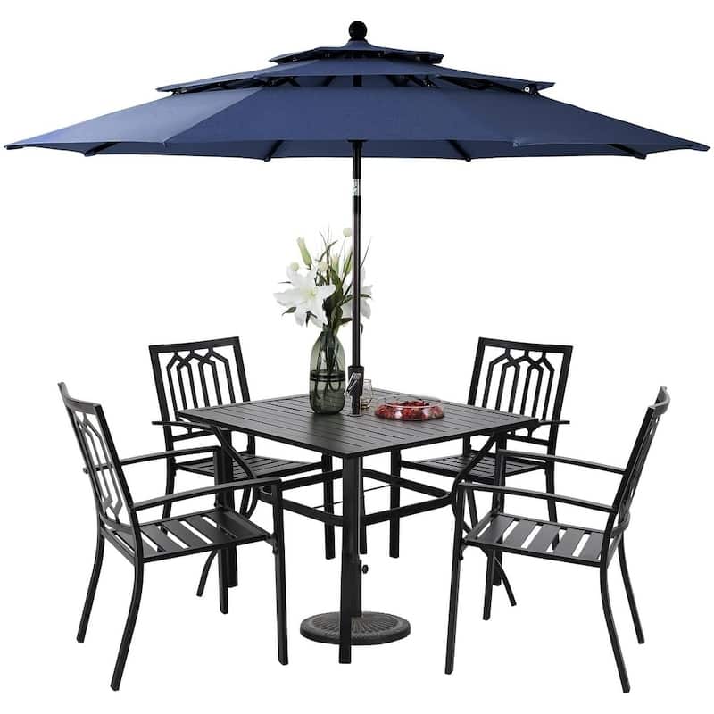 MAISON ARTS 10ft 3 Tiers Patio Outdoor Umbrella Matched with most Patio Table with Ventilation Auto-tilt and Crank Lift - Navy Blue