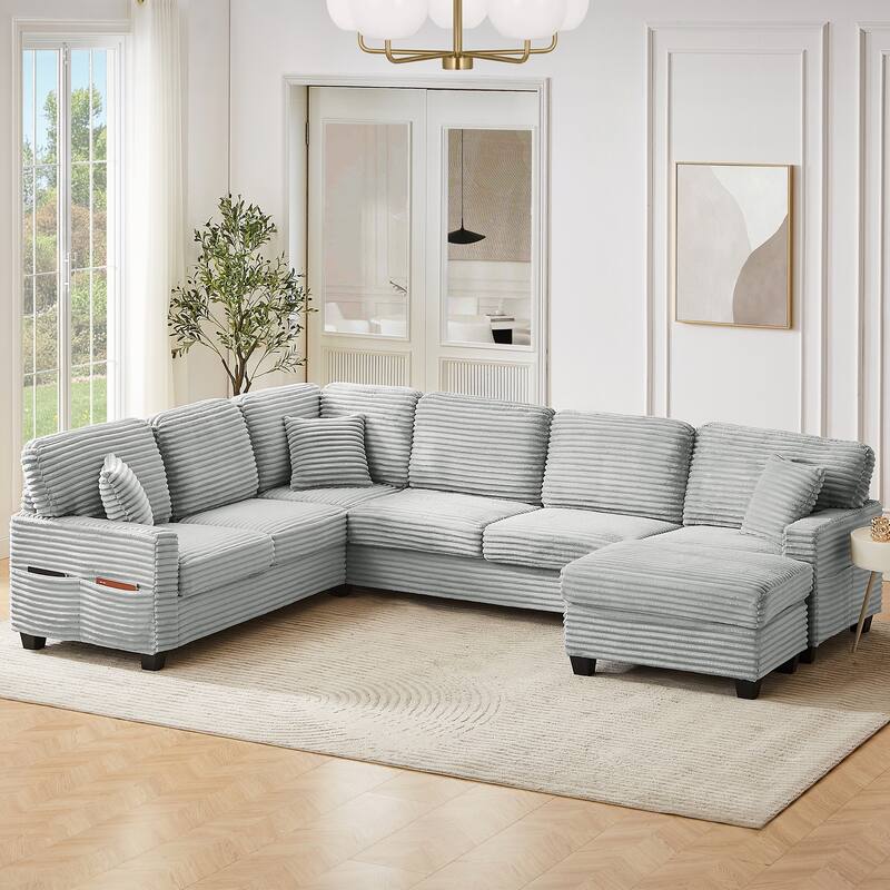 Corduroy U-Shaped Sectional Sofa 125.2" Upholstered Sofa with Movable Footstool and Side Storage Pockets, Pillow - Grey