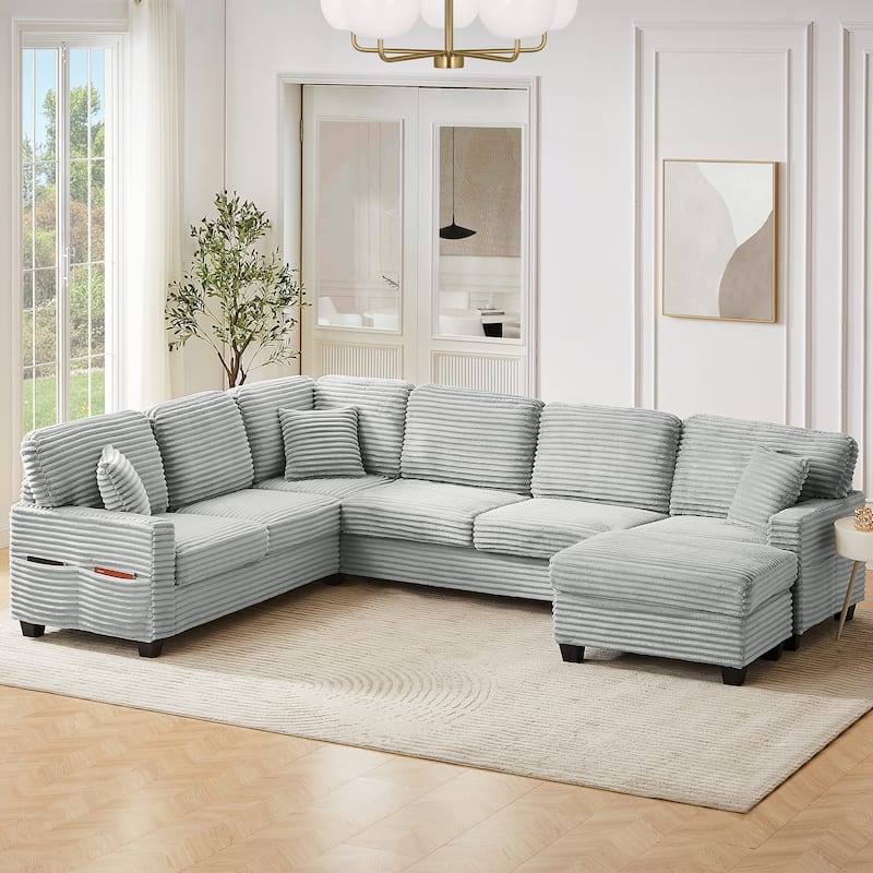 Roomfitters U-Shaped Upholstered Sectional Sofa with Movable Ottoman and Side Storage Pockets for Living Room - Grey