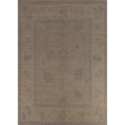 Vegetable Dye Beige Oushak Turkish Rug Handmade Wool Carpet - 9'1"x 12'3"