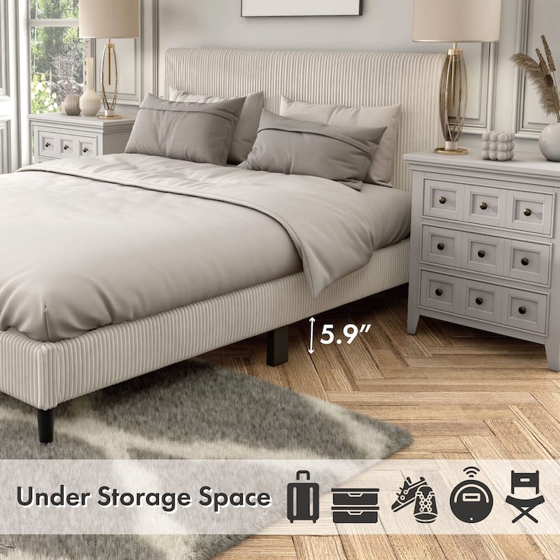 Furniture of America Modern Corduroy Queen Size Platform Bed, No Box Spring Needed