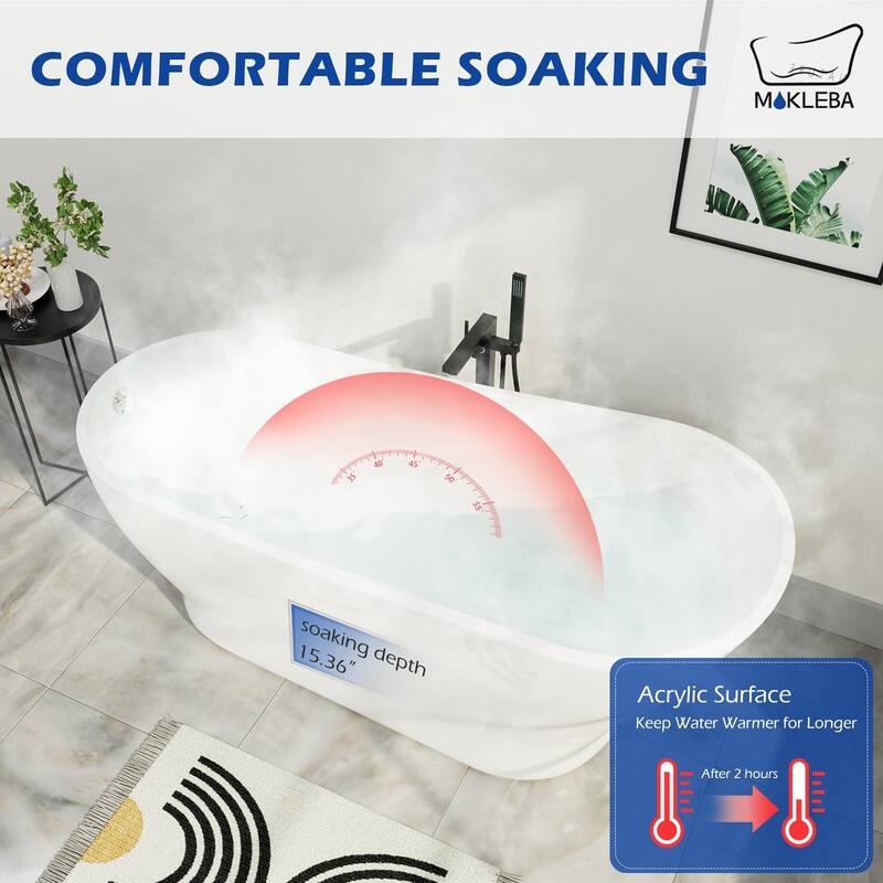Mokleba 59"Lx28''W Freestanding Pedestal Slipper Soaking Acrylic Bathtub with Chrome Drain and Overflow