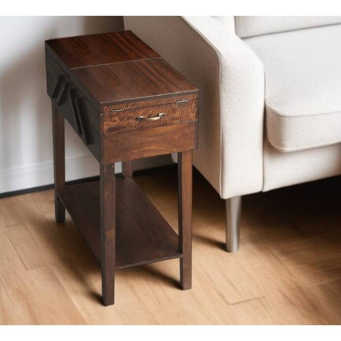 HomeRoots 28" Dark Brown Solid Wood Rectangular End Table With Drawer And Shelf - 13