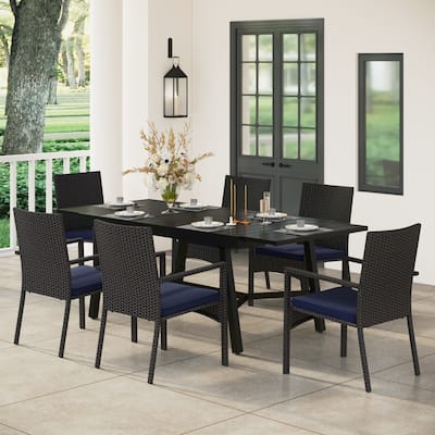 7/9-piece Patio Dining Set, Expendable Rectangular Outdoor Dining Table with Rattan Chairs