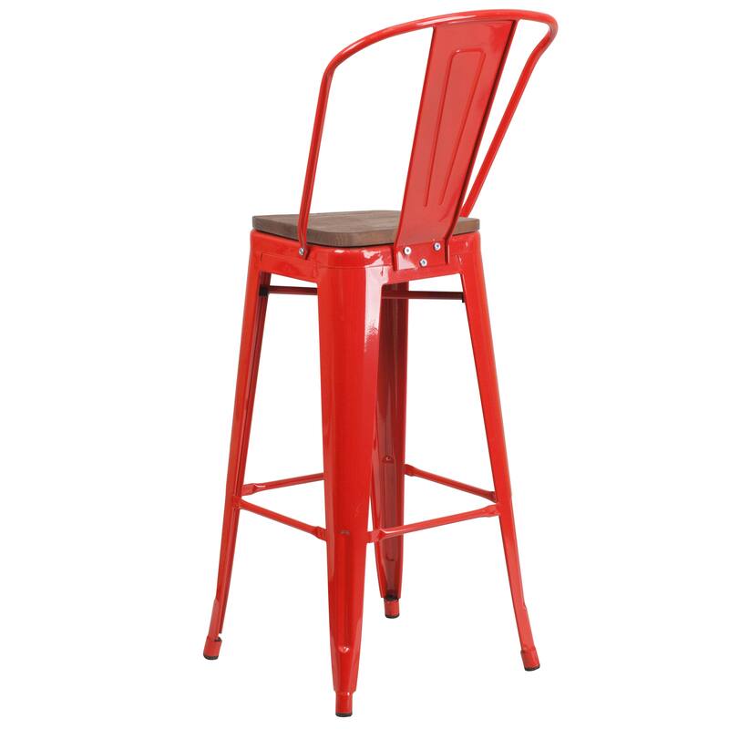 30" High Metal Barstool with Back and Wood Seat - 17.75"W x 20"D x 45.25"H