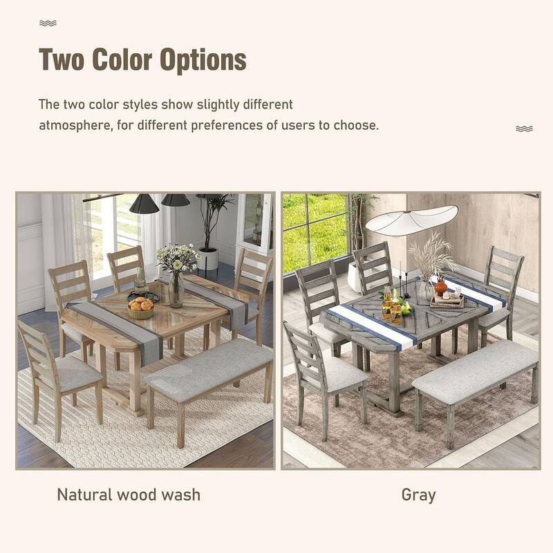 6 PCS Rubber Wood Dining Table Set for 6-Wood Grain Top, Solid Wood Veneer, and Cushioned Seats