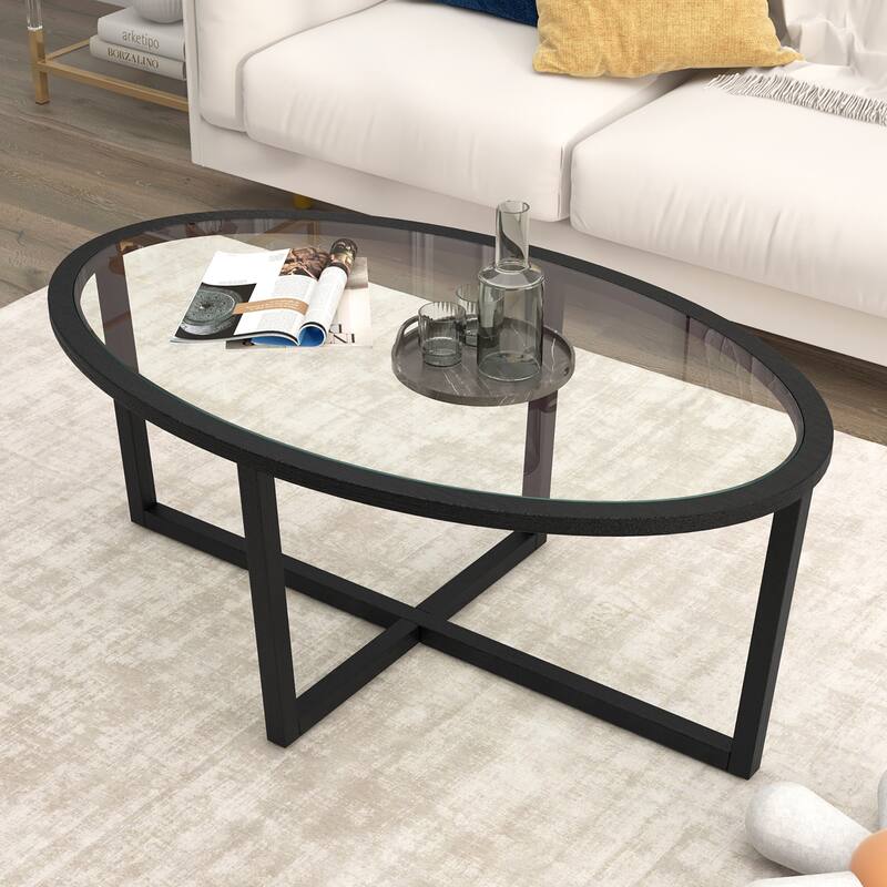 Gymax Modern Glass Coffee Table w/ Cross Base & Acacia Wood Legs for