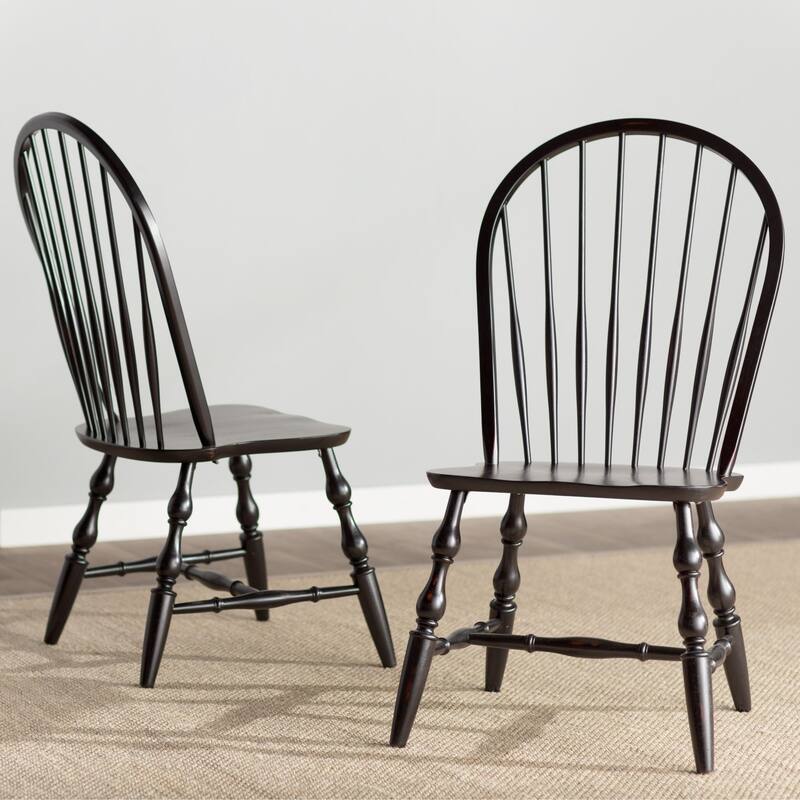 set of 2 antique black curved spindle back wooden dining chairs 41"