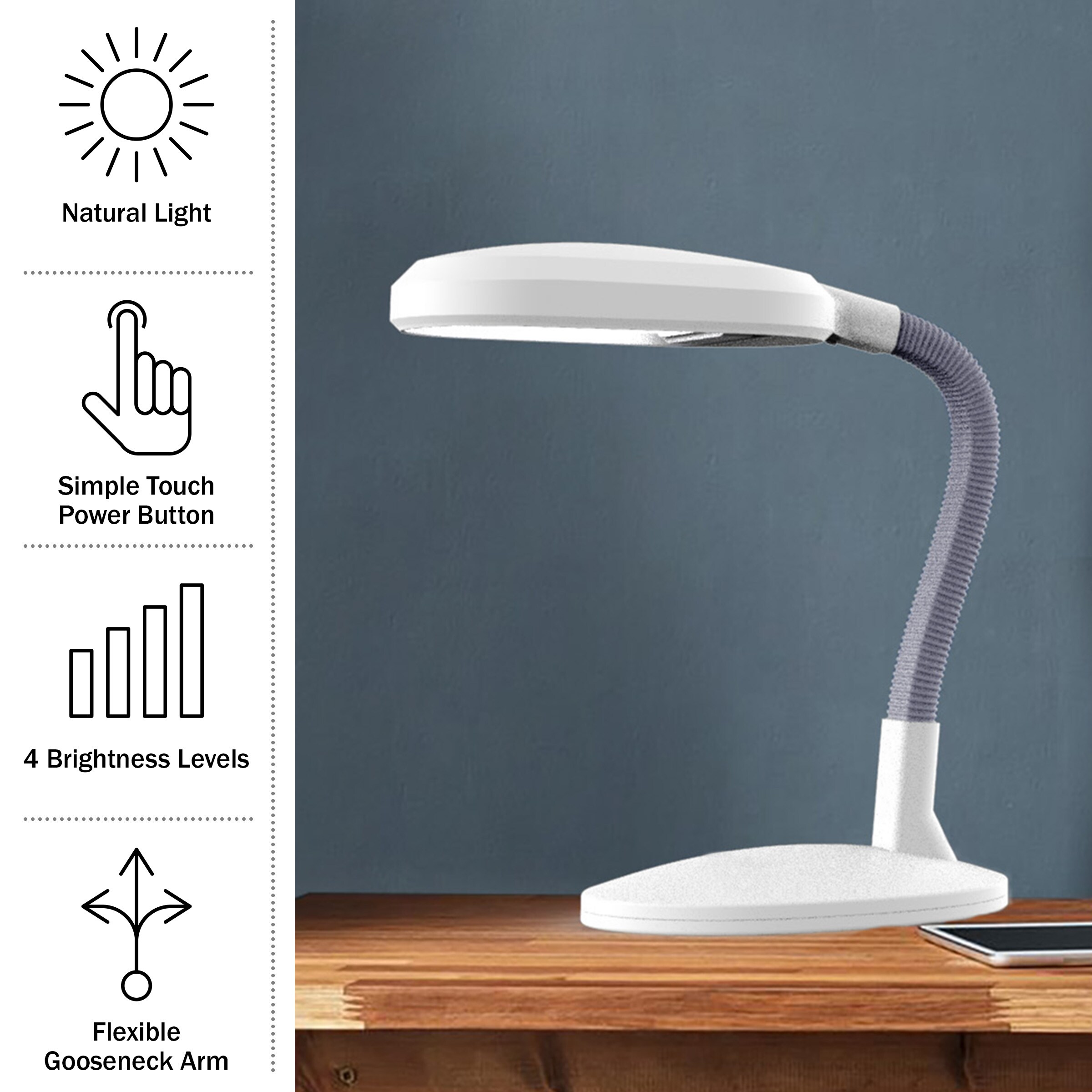 Lavish Home Sunlight Desk Lamp with Gooseneck for Reading or Sewing, Black  