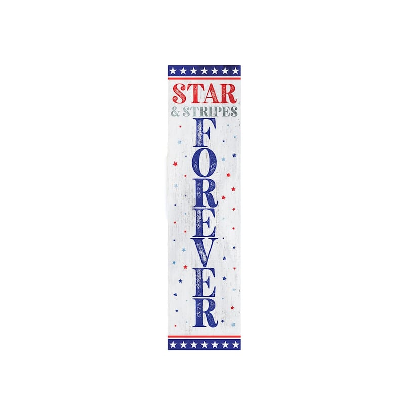 HomeRoots 36" Blue Red And White Solid Wood Stars and Stripes July Fourth Fireworks Porch Sign