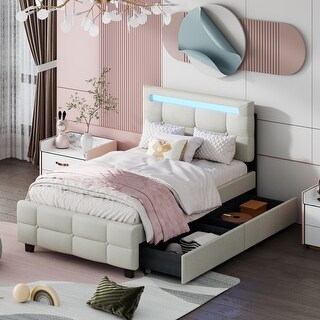 Twin Size Upholstered Platform Bed with LED Frame and Storage Drawers , Contemporary Style and Practical Design