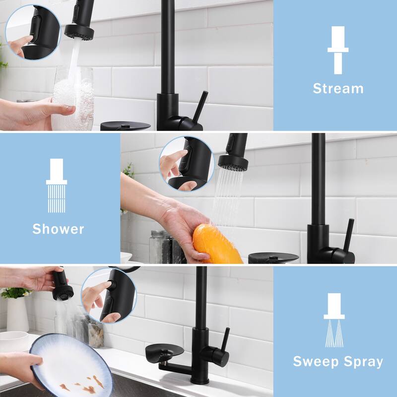 Modern 3-in-1 High-Arc Pull-Down Sprayer Kitchen Faucet with 3 Function Spray Mode & Press-Type Glass Rinser