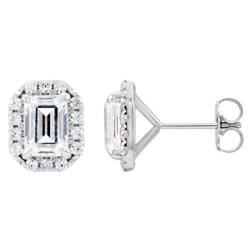 3/4 Ct Emerald Moissanite & Lab Grown Diamond Halo Studs White Gold Earrings