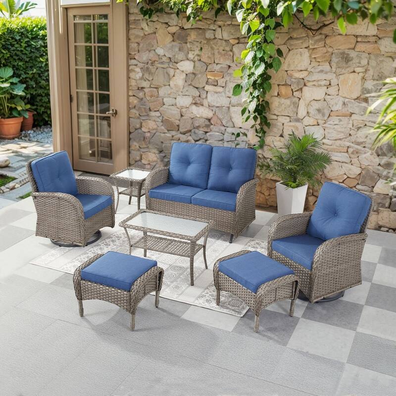 Pocassy 7 Pieces Glider Sofa with Swivel Chairs Ottomans Table - Gray Wicker - Blue cushion