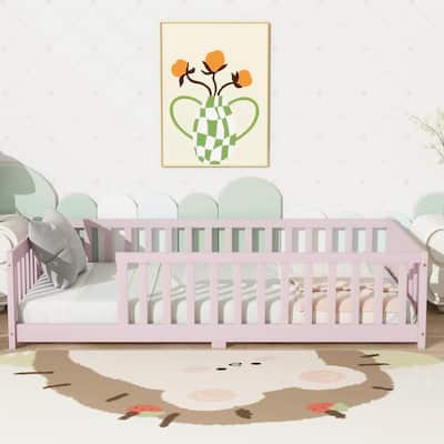 Twin Size Floor Bed with Fence without Door, Rubber Wood Floor Bed with Safety Guardrails