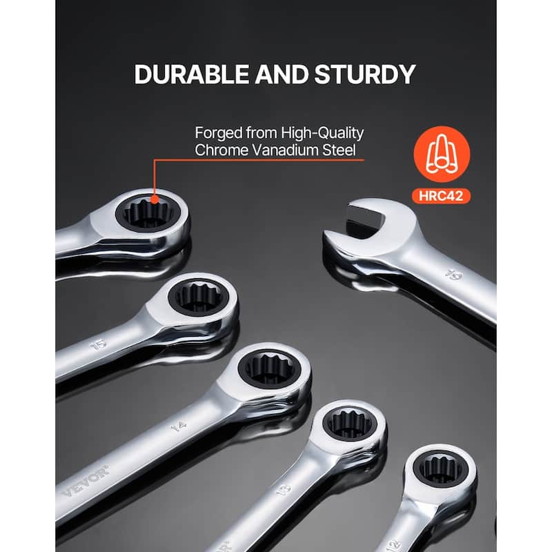 8-Piece Chrome Vanadium Steel Combination Wrench Set with Organizer Rack - 9.3 x 8 x 1.5 in