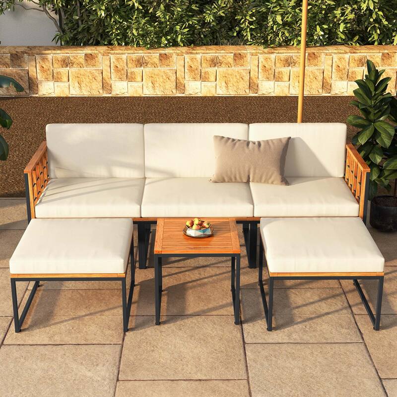 6 PCS Acacia Wood Patio Furniture Set Outdoor Conversation Sofa Set