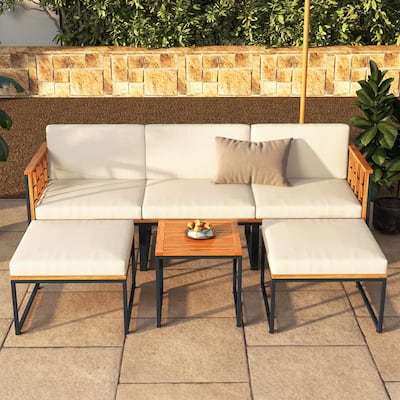 6 PCS Acacia Wood Patio Furniture Set Outdoor Conversation Sofa Set