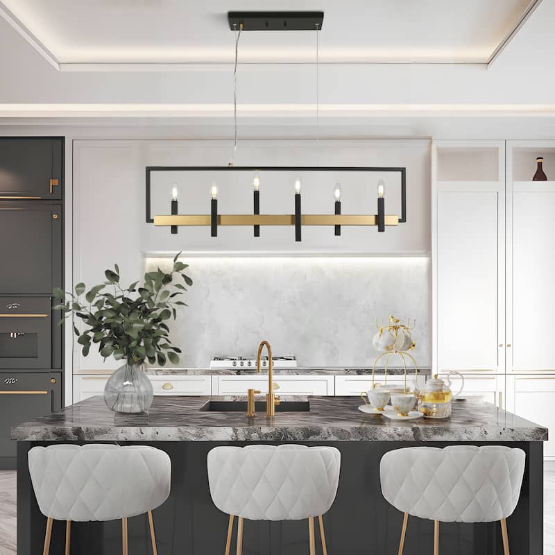 Modern Farmhouse 6-Light Linear Chandelier Black Gold Candle Island Lights for Dining Room - L39.4" x H72.7" Max