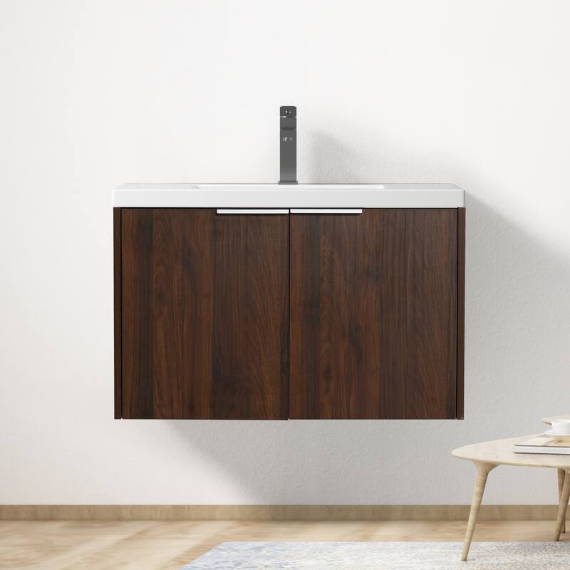 Modern Floating Bathroom Vanity with Single Resin Sink, Soft-Close Doors, Ample Storage, and Luxury Metal Handles - California Walnut