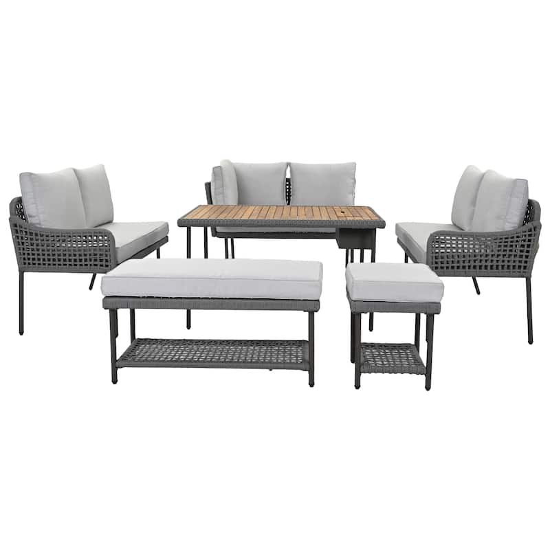 6-Piece Modular L-Shaped Conversation Set, Sectional Sofa Set with Cushions, Acacia Wood Table with Ice Box, Metal Frame