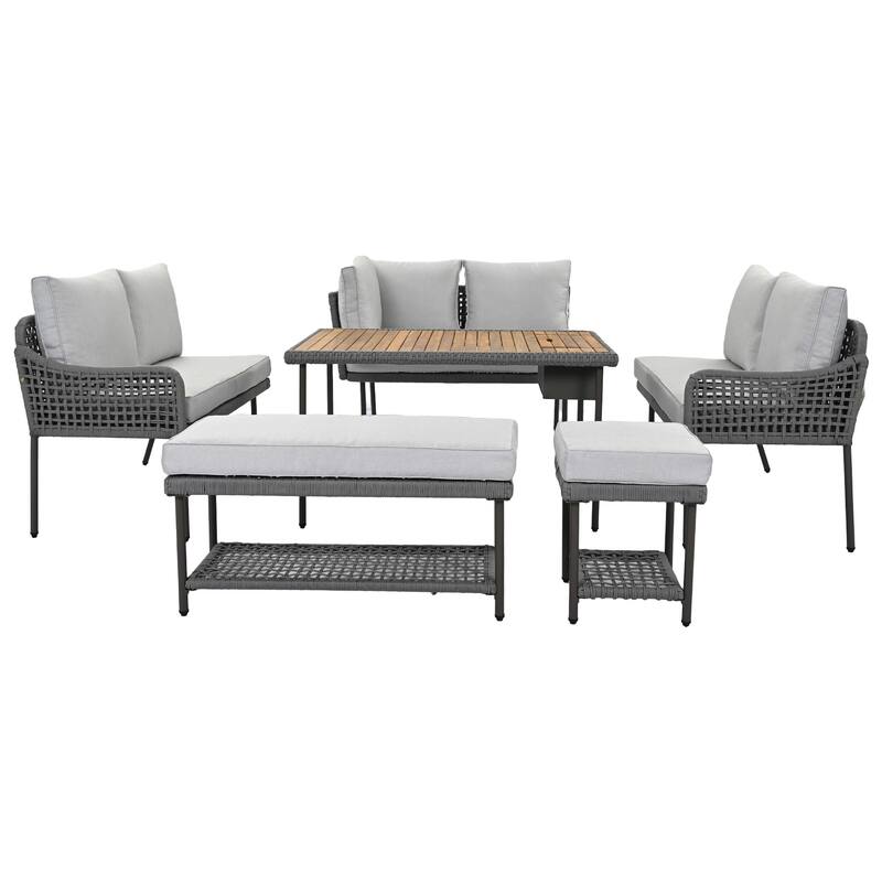 Outdoor 6-Piece Rope L-Shaped Sectional Sofa Set with Acacia Table & Ice Box