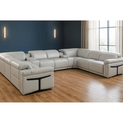 HomeRoots Light Gray Italian Leather Power Reclining U Shaped Ten Piece Corner Sectional With Console