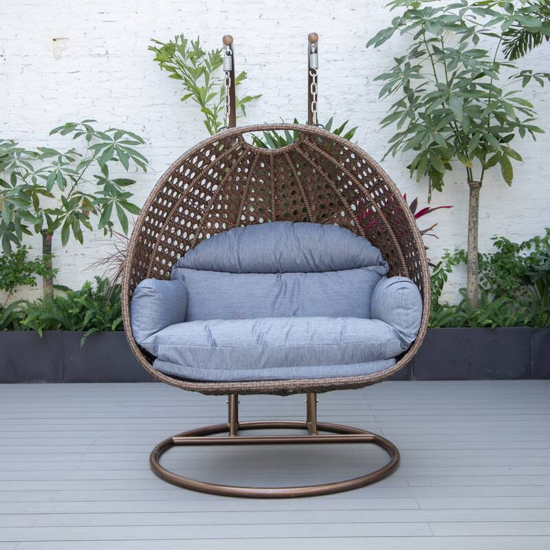 LeisureMod Mendoza Dark Brown 2 Seater Wicker Patio Hanging Double Swing Chair for Patio Porch Backyard Garden - 53"