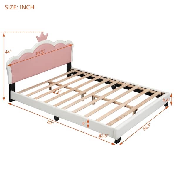dimension image slide 2 of 4, Twin Upholstered Platform Bed with Crown-Shaped Headboard, Pink & White Princess Design, Sturdy PU Leather Frame