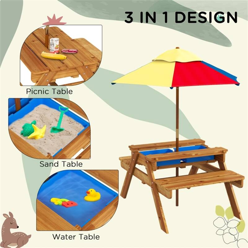 3-in-1 Kids Teak and Blue Outdoor Picnic Table with Sand-Water Box and Removable Umbrella - 35" L x 31.7" W x 56.1" H