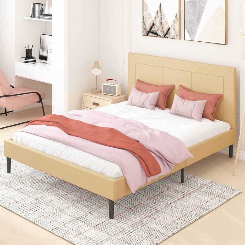 Queen Size Wood Slat Bed Frame with PU Leather Headboard