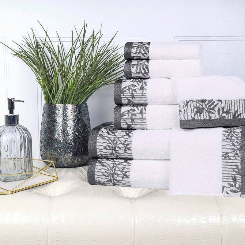 Superior Wisteria Cotton Floral Jacquard 8 Piece Bathroom Towel Set - White/Grey