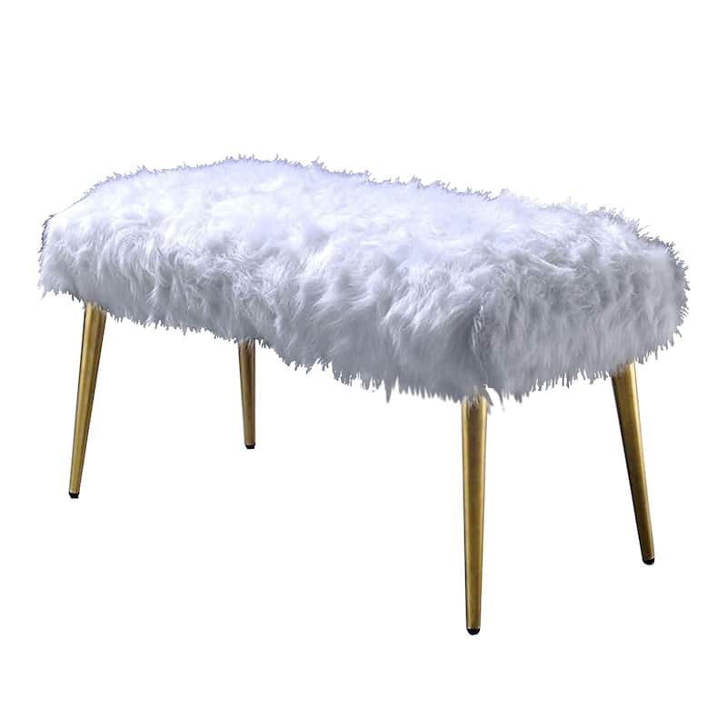 Modern Style Faux Upholstered Metal Bench with Tapered Legs, White and Gold