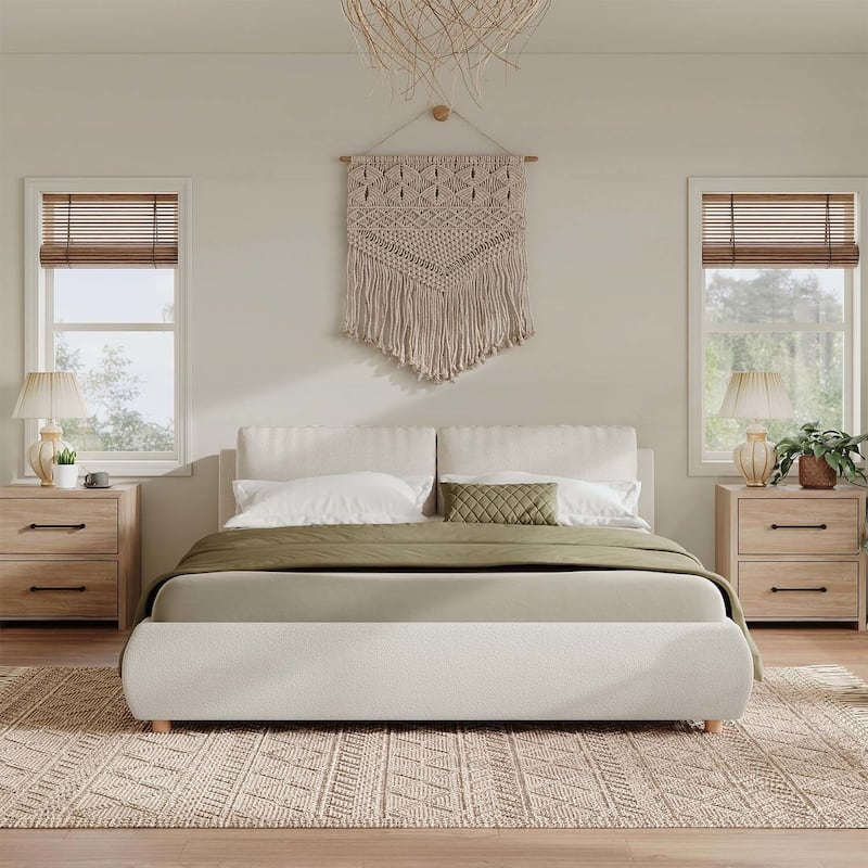 Luxurious Upholstered Platform Bed with Versatile Pillows and Graceful Headboard - White