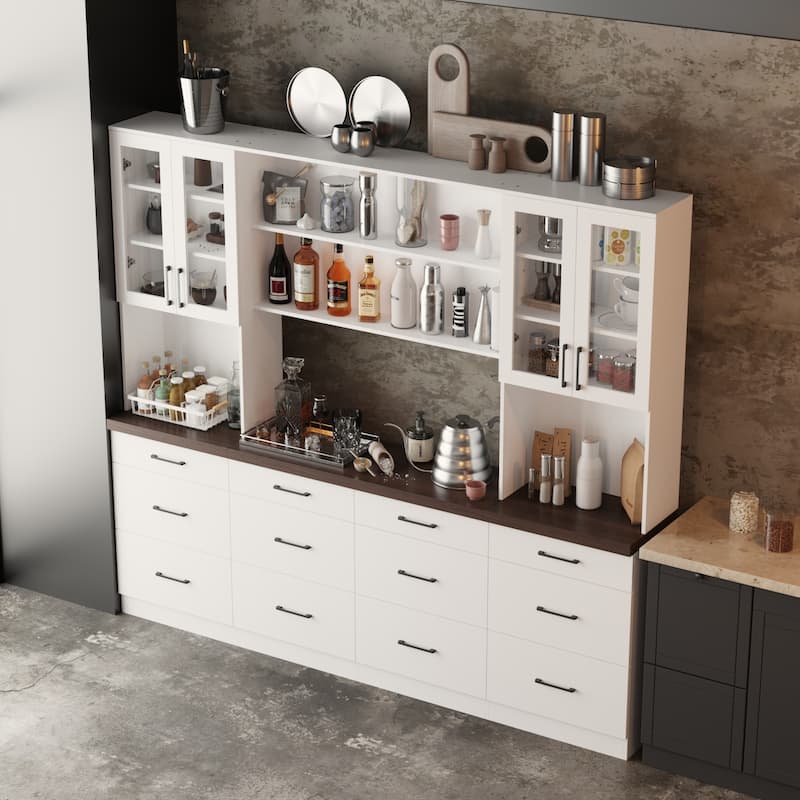 Panrty Storage Cabinet w/Glass Display Hutch Buffet Drawers Sideboard - White