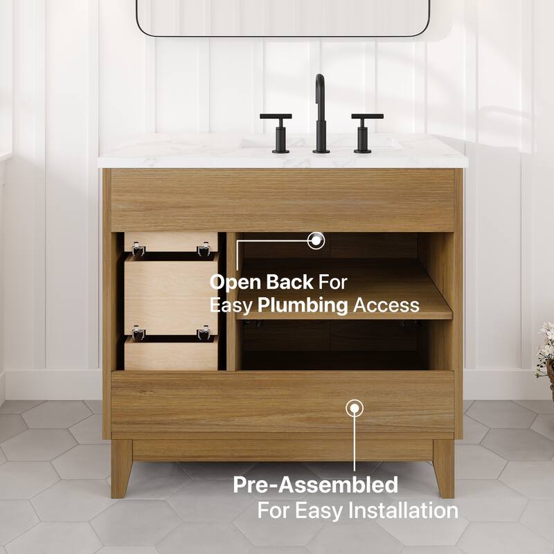 Eviva Graham 36"W Oak Bath Vanity with Arabescato Engineered Stone Top