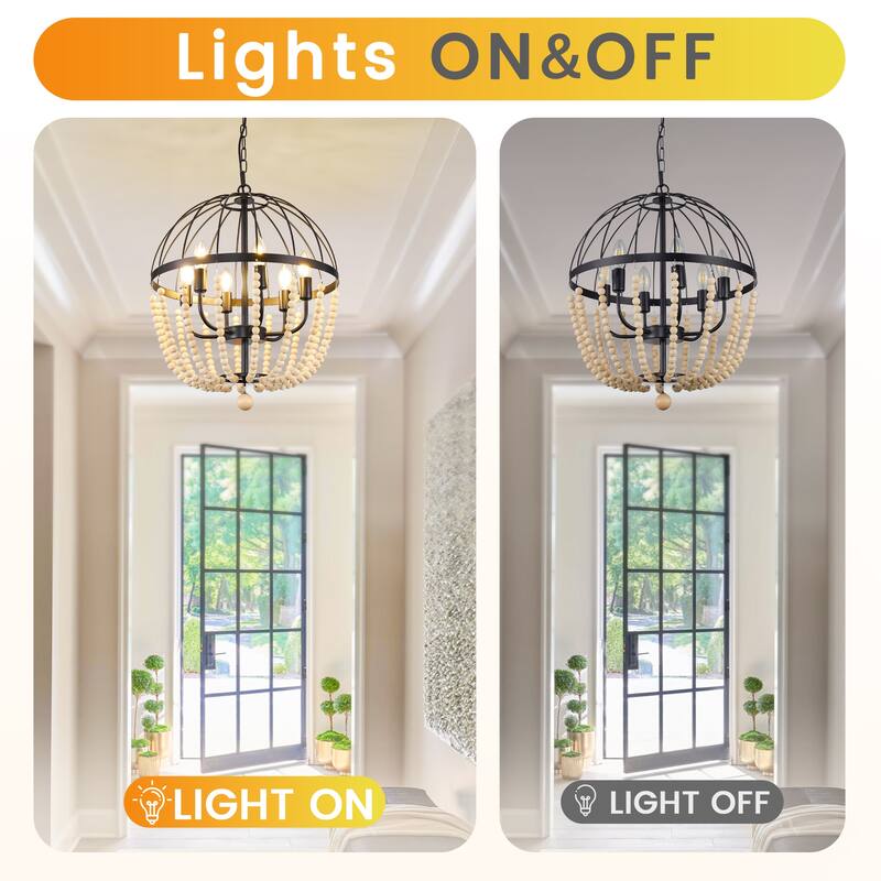 6-Light Metal Chandelier with Wooden Beads