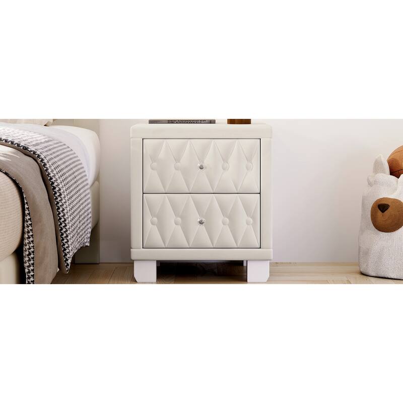 Anmytek Modern Elegant Velvet Nightstand 2 Drawers Crystal Handle Button Tufted Storage