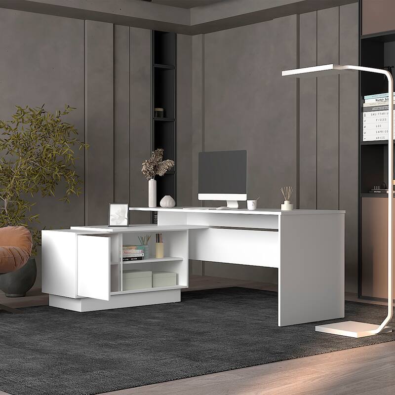 Spacious L-Shaped Computer Desk, 70" Wide with Storage Cabinet and Open Shelves for Home Office, Gaming, or Workstation