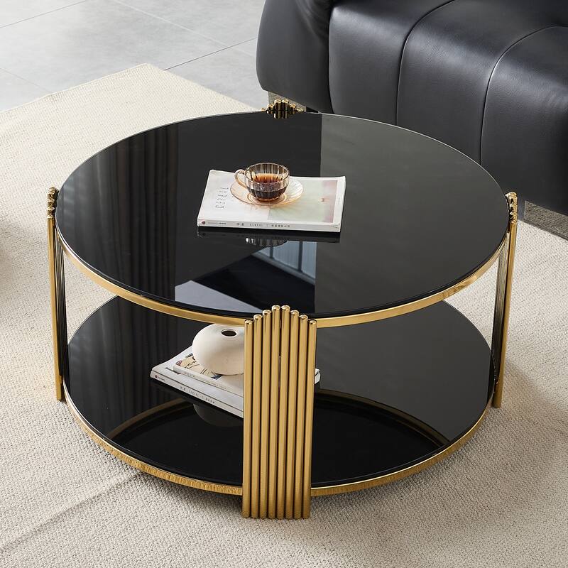 35inch Modern Coffee Table, Double-Layer Tempered Black Glass & Gold Stainless Steel Frame Living Room Table