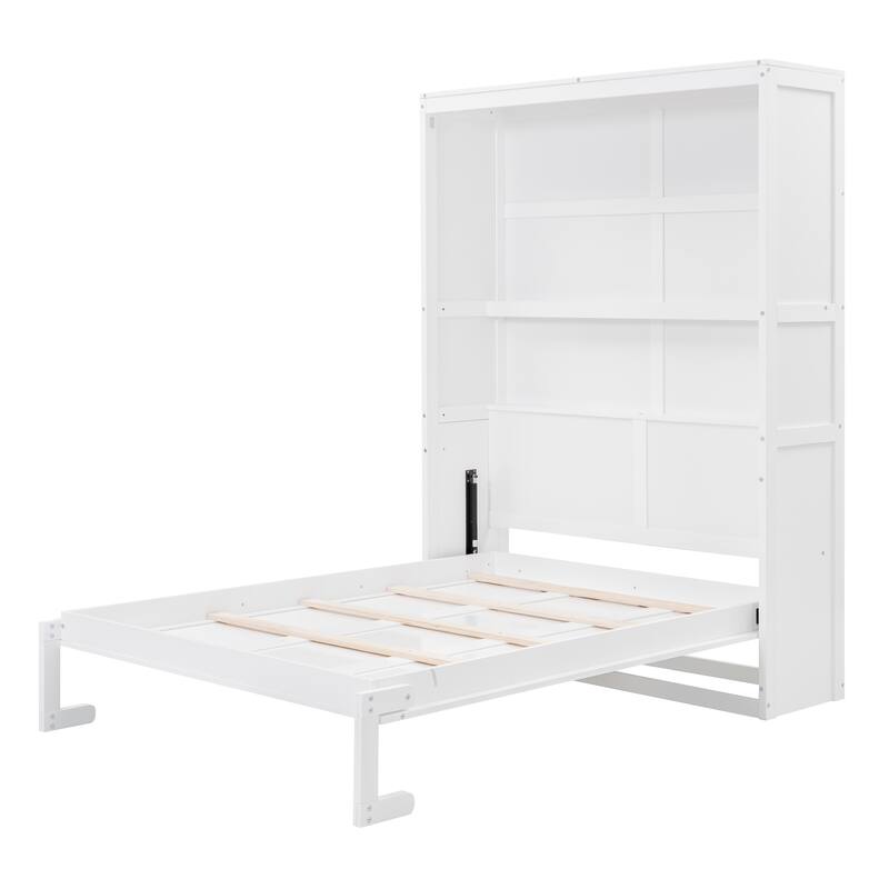 Apartment Murphy Bed Cabinet Wall Bed with Shelves & Flexible Slats, Dual Piston Metal Folding Mechanism Designed Murphy Bed