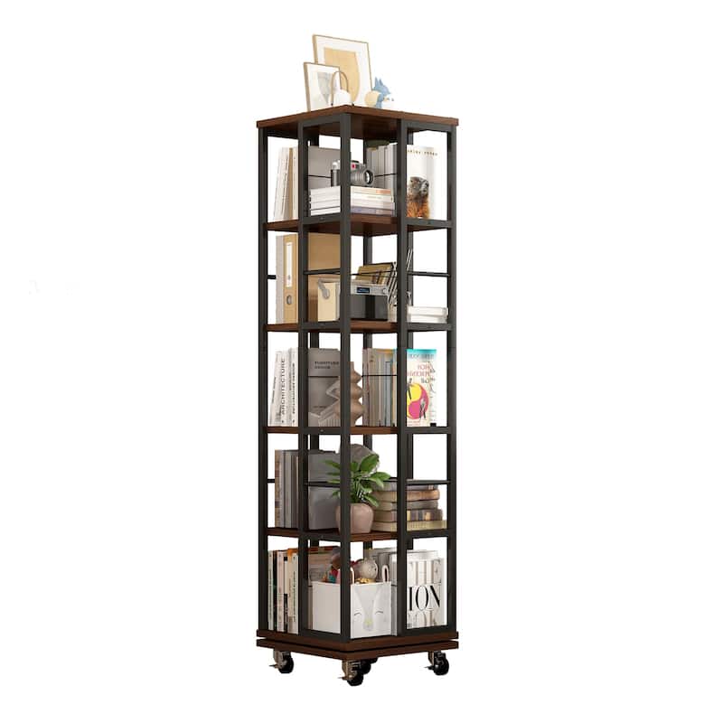 5 Tiers Rotating Bookshelf, Corner Bookcase, 360 Display Wood Spinning Bookshelves, Floor Standing Bookcase Narrow Shelf
