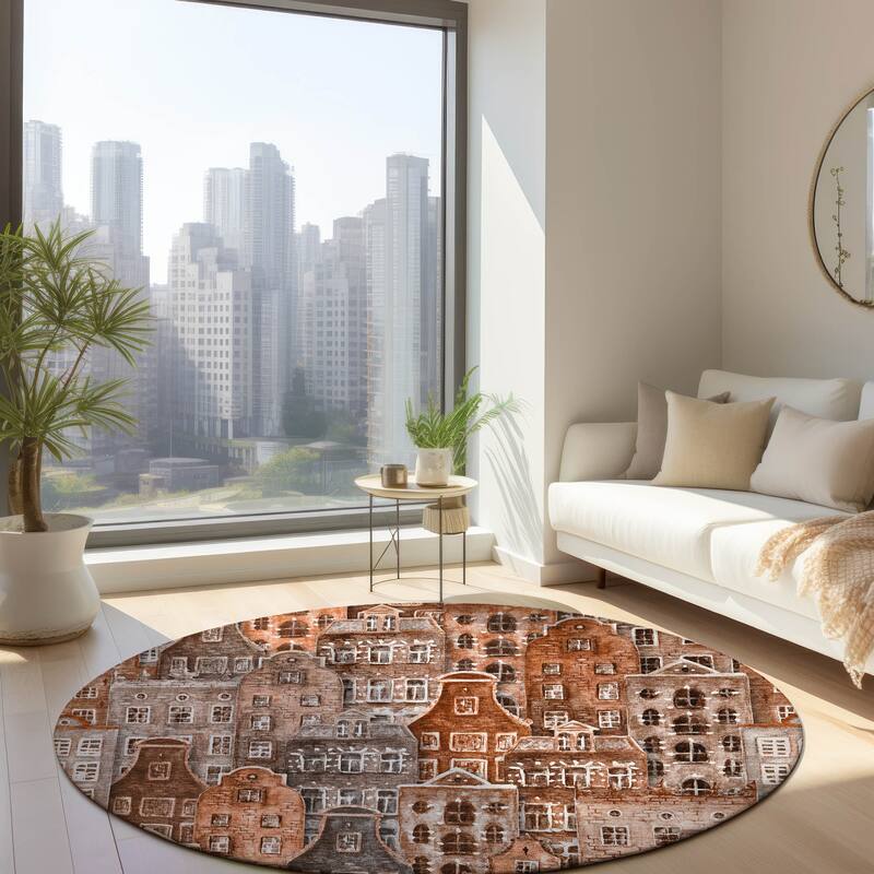 Machine Washable Indoor/ Outdoor Chantille Modern City Rug - Paprika - 8' x 8'